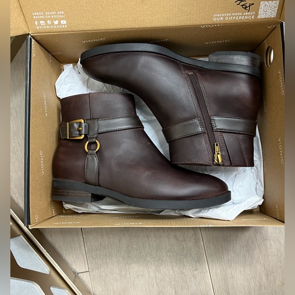 New Vionic Rhiannon Women Bootie Leather 6.5 M Orthotics Arch Support Low Heel - Picture 2 of 8